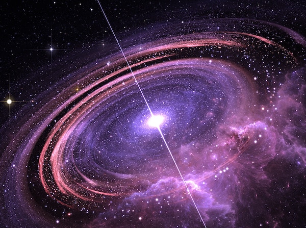 An artist's rendering of a neutron star against the black background of space surrounded by a purple accretion disk and ejecting a bright white stream of x-rays from either pole.